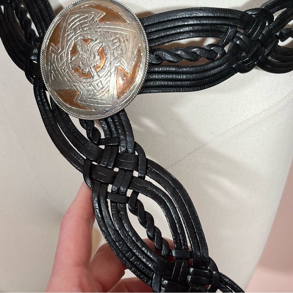 Vintage Bohemian Black Leather Wide Woven Southwestern Belt with Brass/Concho. main image 11